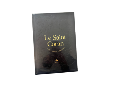 Le Saint Coran Arabe – Français – Phonétique – Couverture rigide noire – Format 24,5 × 17,5 cm