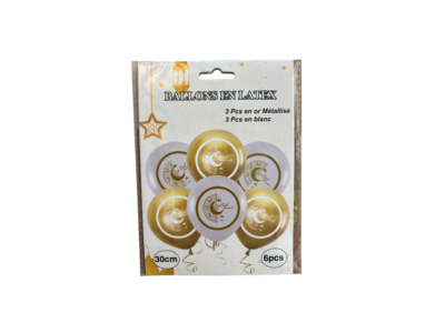Ballons Eid Mubarak – Lot de 6 ballons en latex (or et blanc, 30 cm)