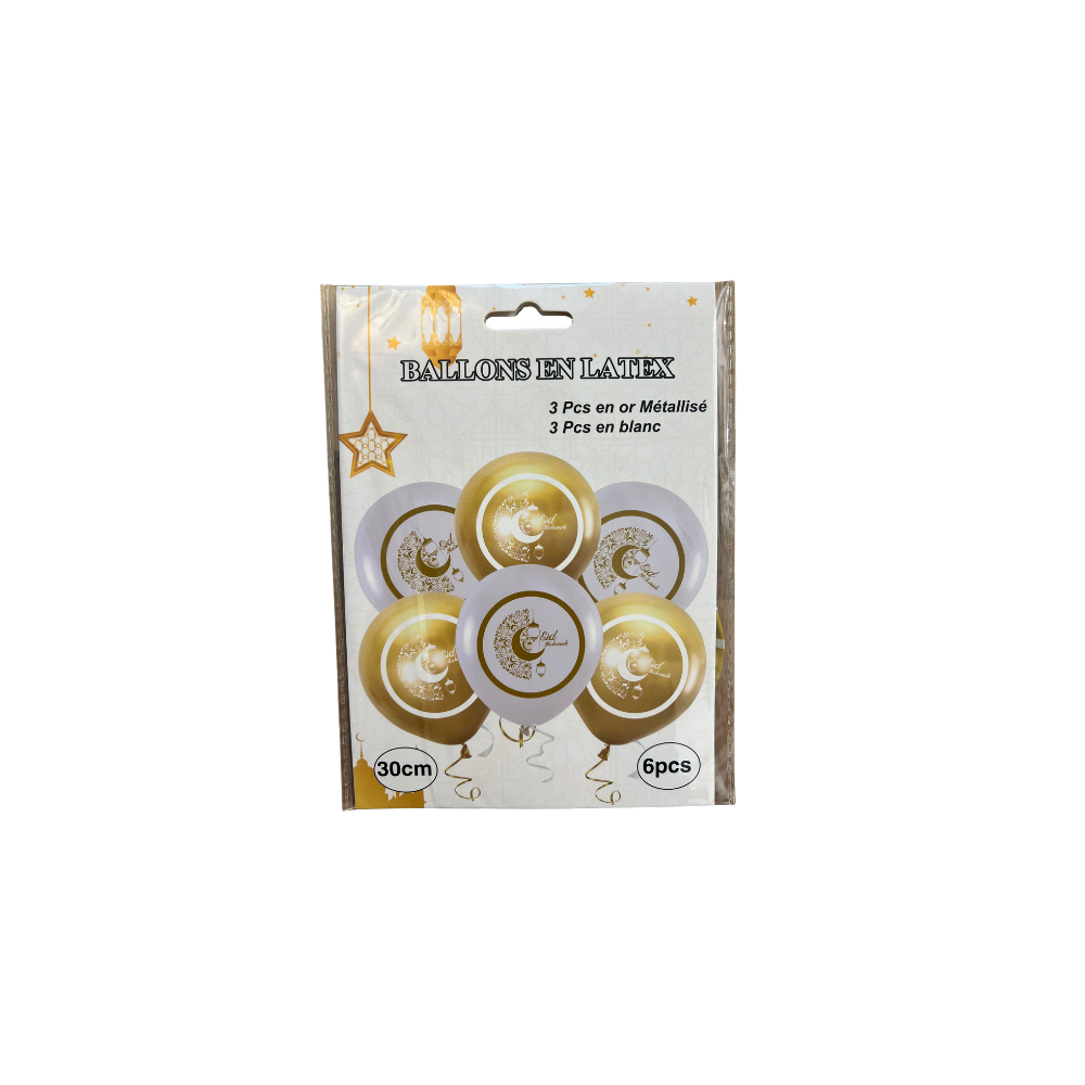 Ballons Eid Mubarak – Lot de 6 ballons en latex (or et blanc, 30 cm)