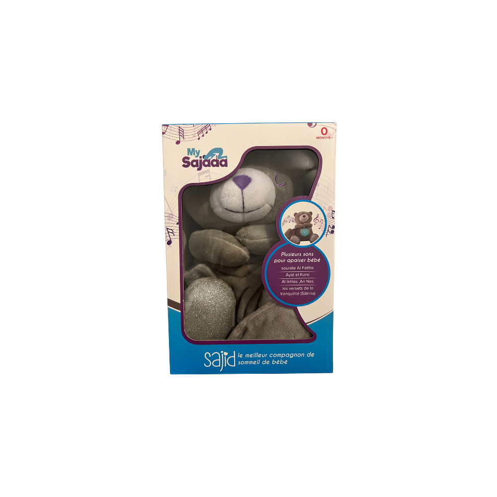Ourson Sajid gris – Peluche veilleuse coranique avec détecteur de pleurs (My Sajada)
